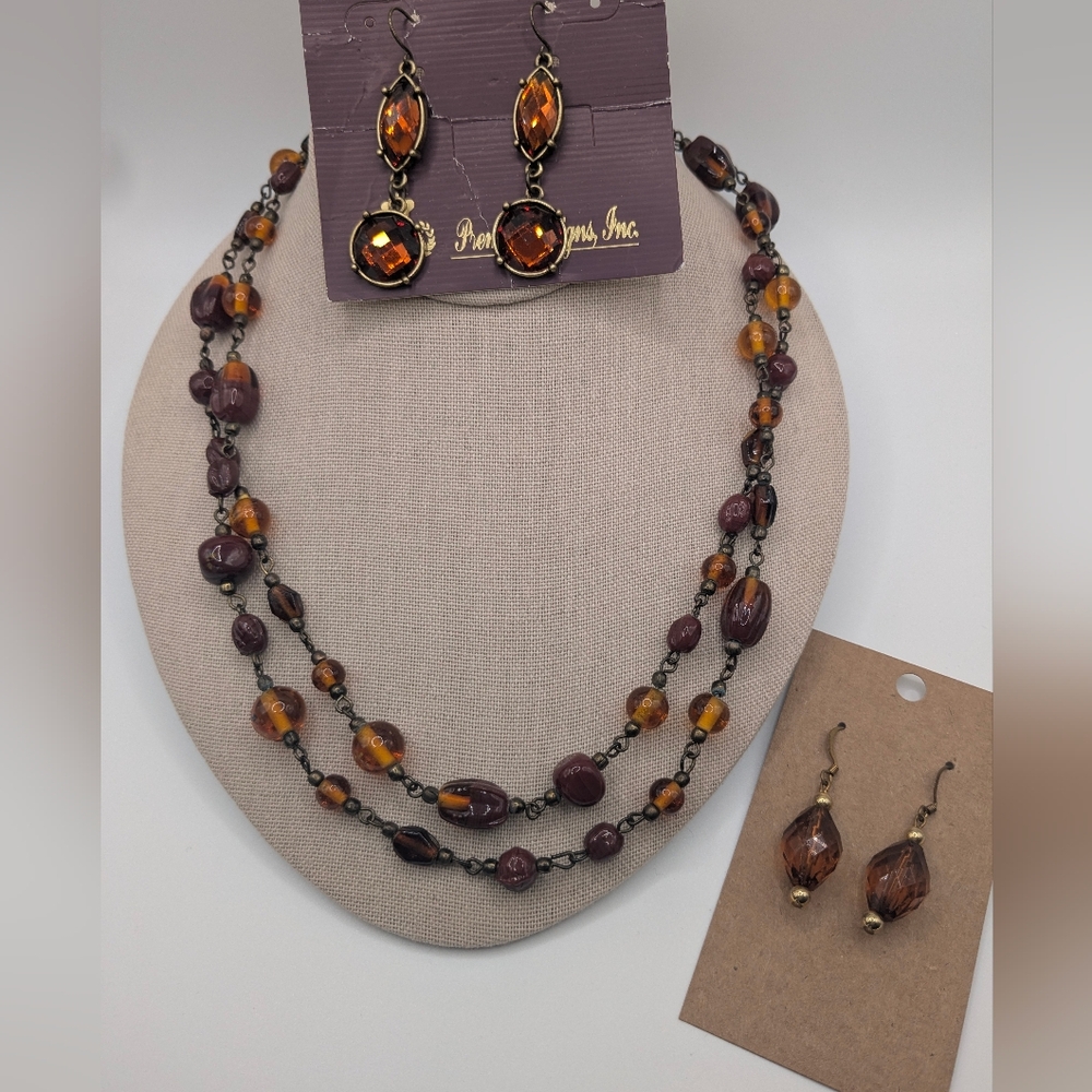Amber Glass Bead Necklace & Earrings Set Gold Tone Boho